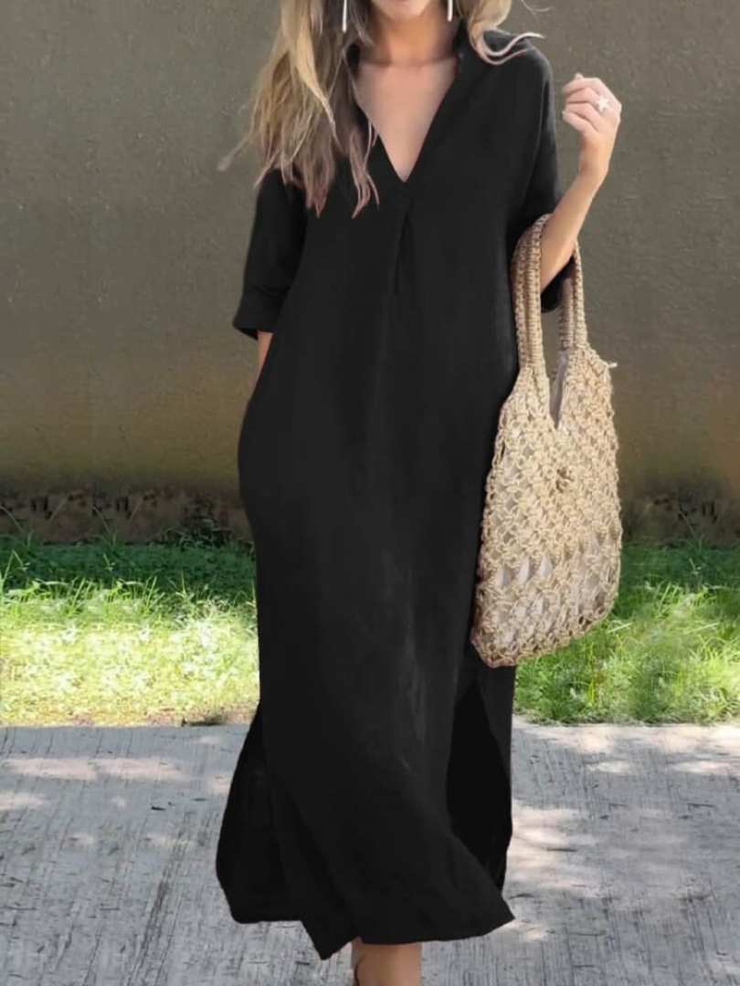 Women's Midi Dress with V-Neck in Loose Fit