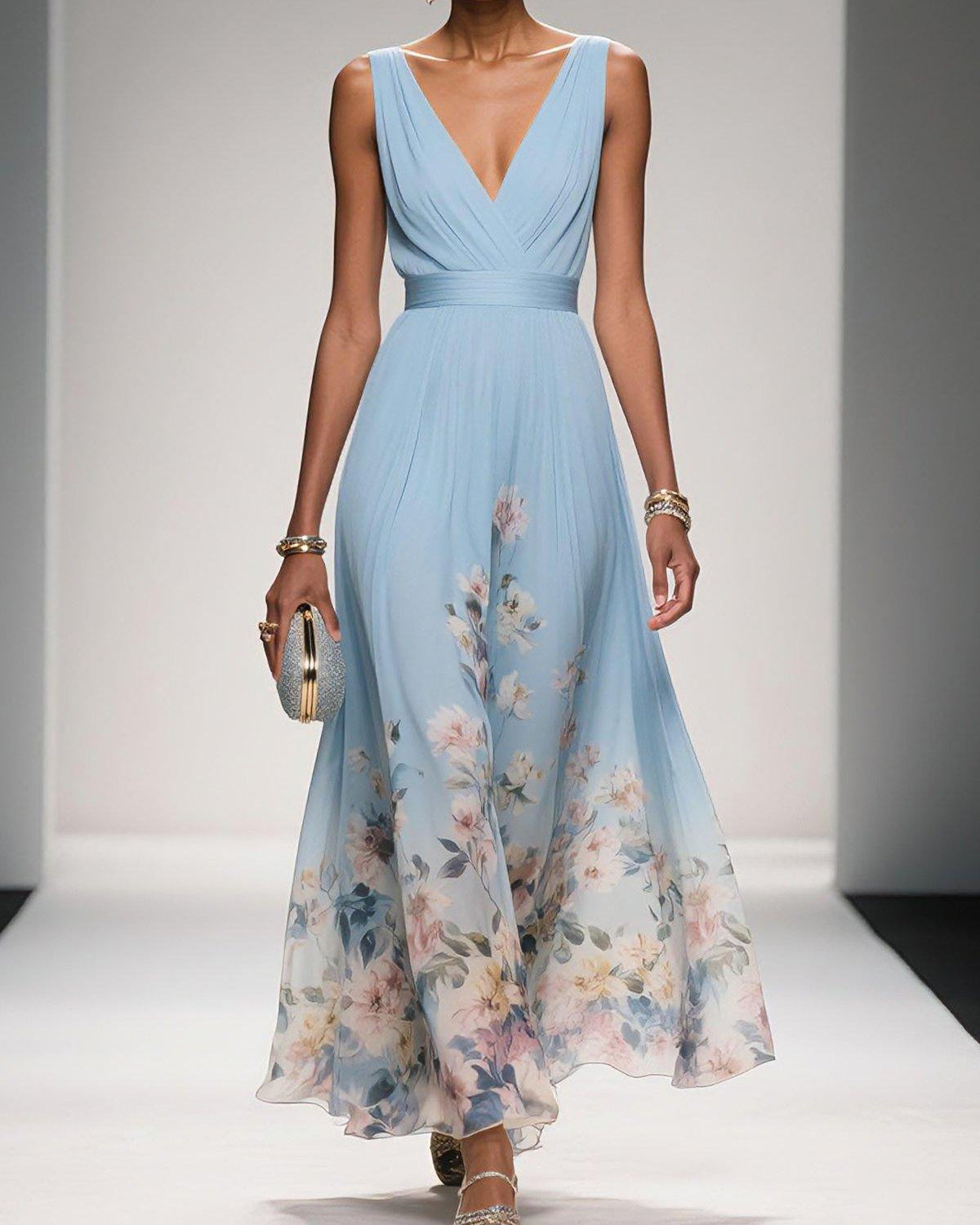 Rose | Light Blue Floral V-Neck Maxi Dress