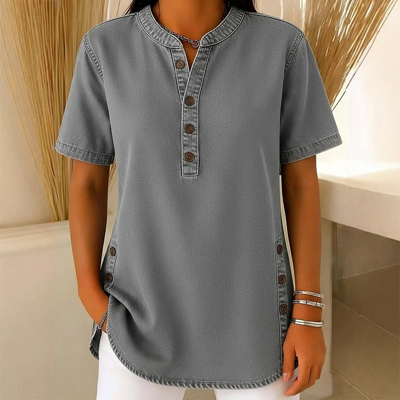 Lightweight Denim Tunic for Women with Short Sleeves and Decorative Buttons