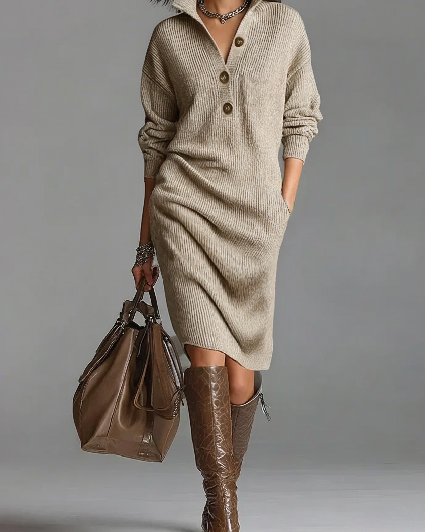 Women's Midi Knit Dress with Collar and Buttons