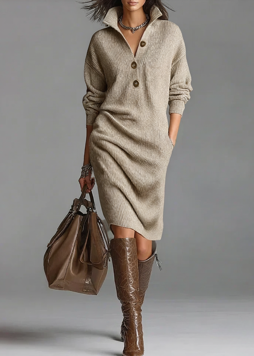 Women's Midi Knit Dress with Collar and Buttons