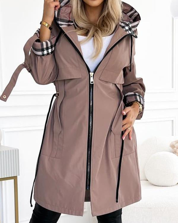 Women's Casual Long Plaid Coat with Hood, Zipper, and Drawstring