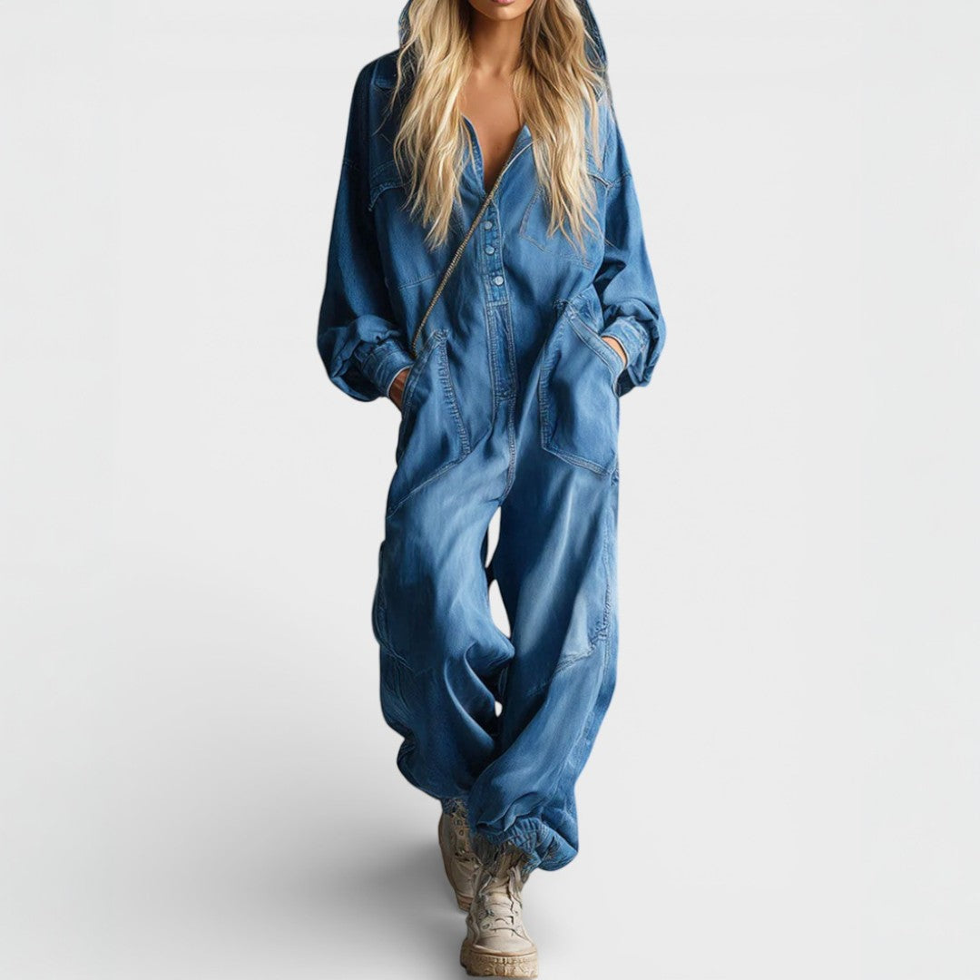 Women's Oversized Denim Jumpsuit with Long Sleeves