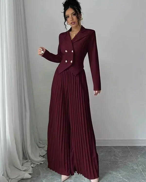 Women's Two Piece Suit Set - Cropped Blazer and Pleated Wide-Leg Pants