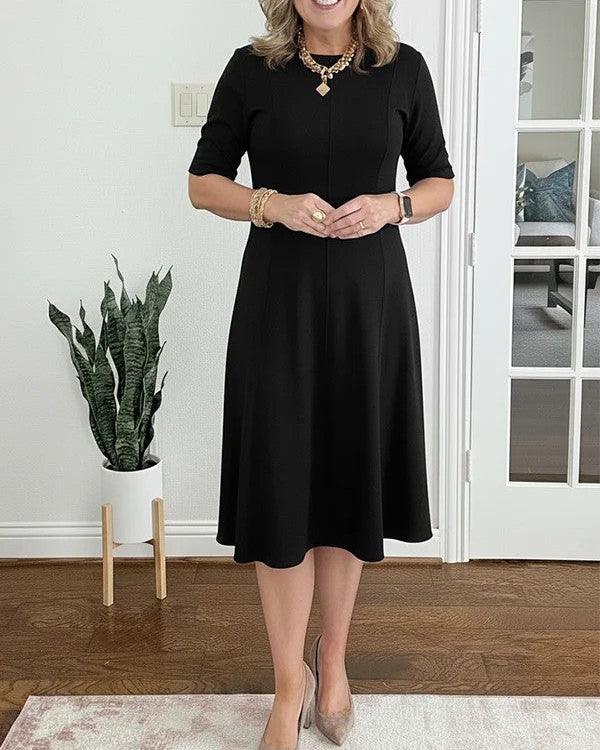 Women's Midi Dress with Short Sleeves and Flared Skirt