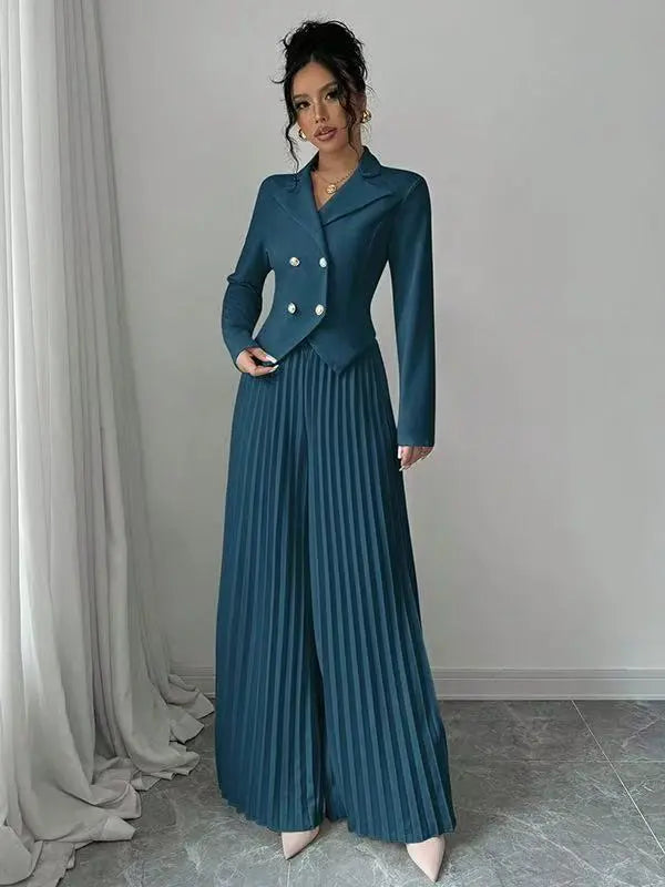 Women's Two Piece Suit Set - Cropped Blazer and Pleated Wide-Leg Pants