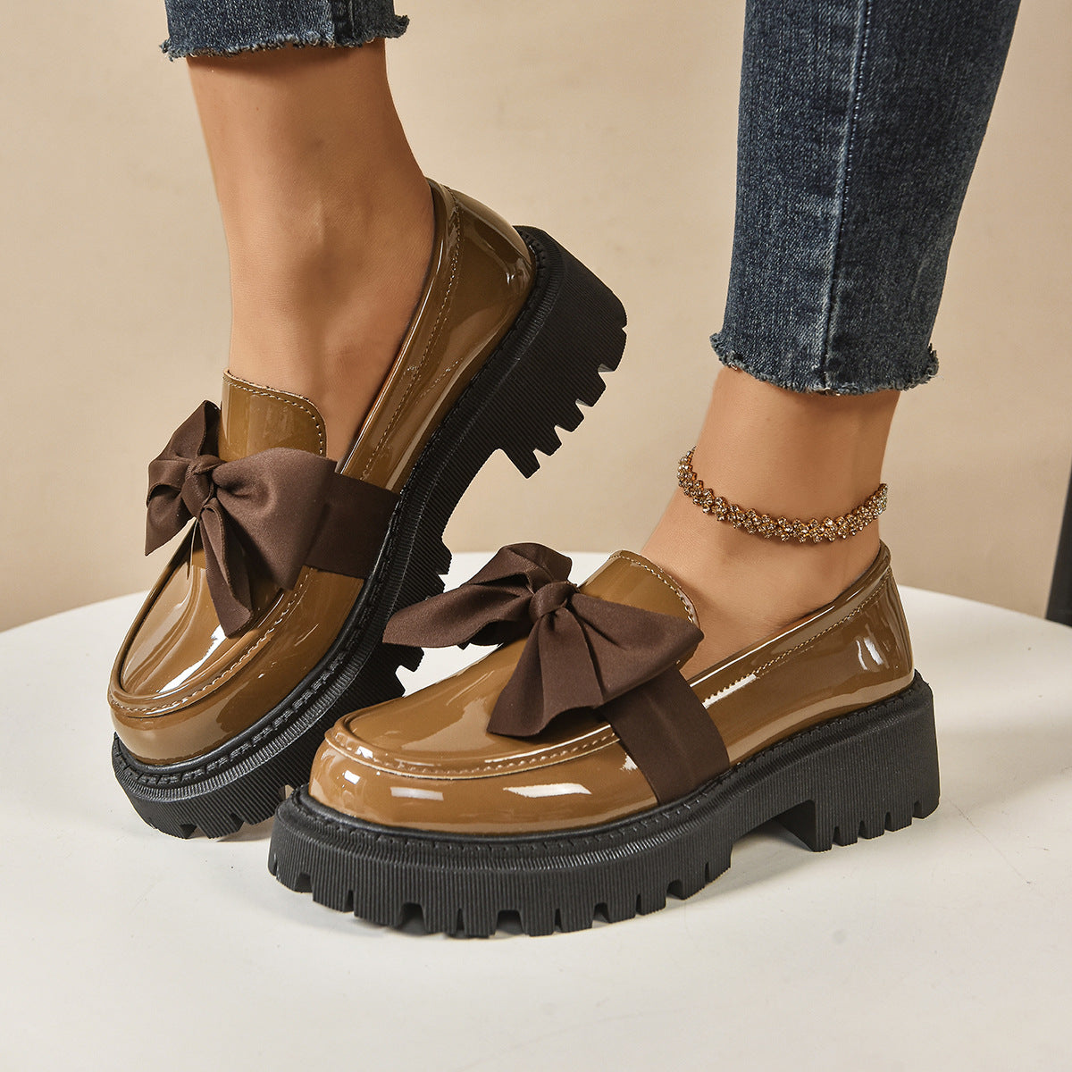 Women's Vintage Bow-Tie Loafer Shoes | Chunky Heel Slip-On