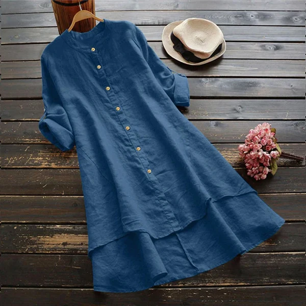 Women's midi dress with button closure, loose fit, and layered hem