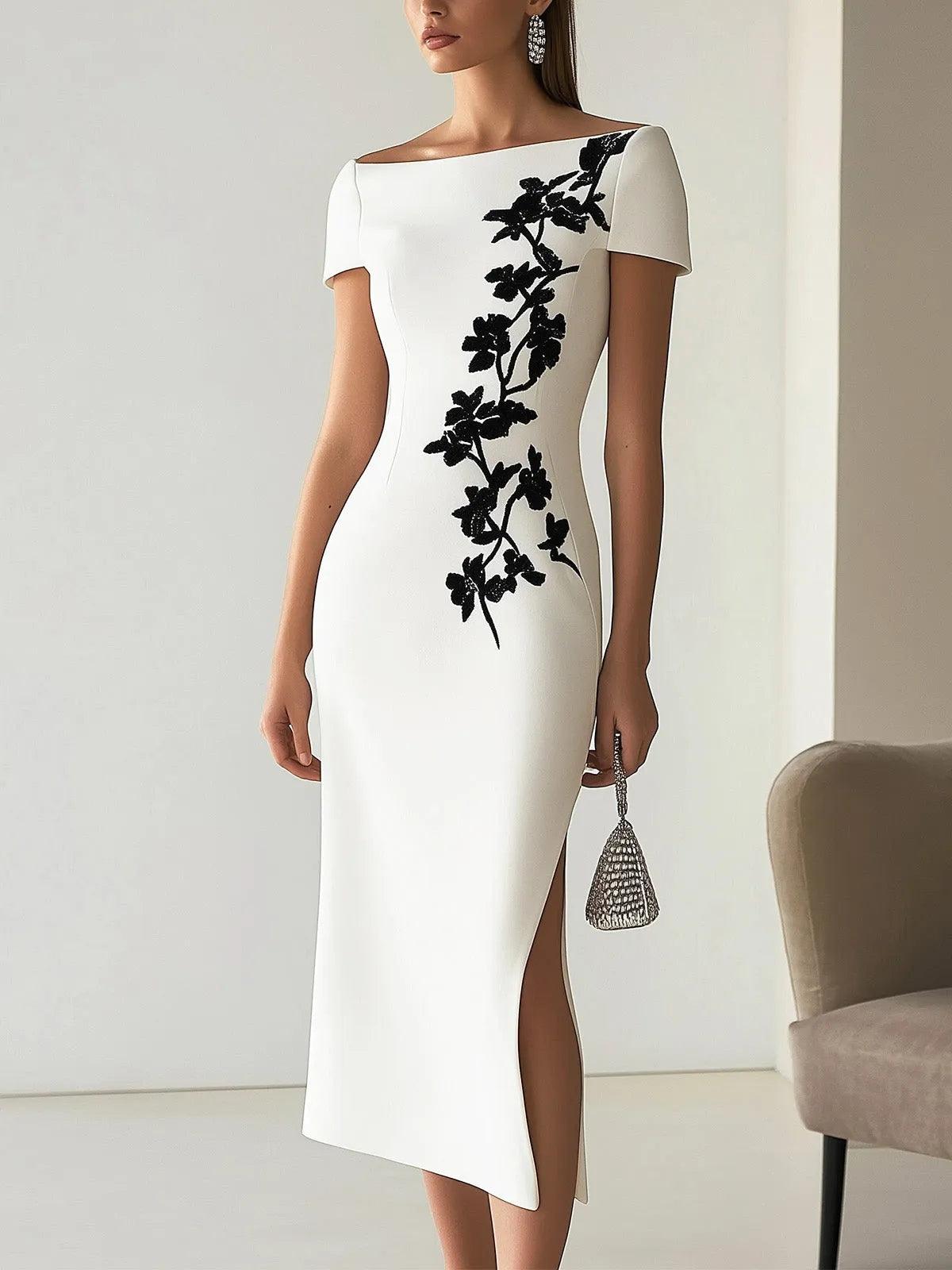 Audrey | Chic Floral Print Boat Neck Midi Dress