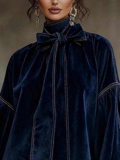Dark Blue Mini Dress with Velvet Cut and Lantern-Shaped Sleeves