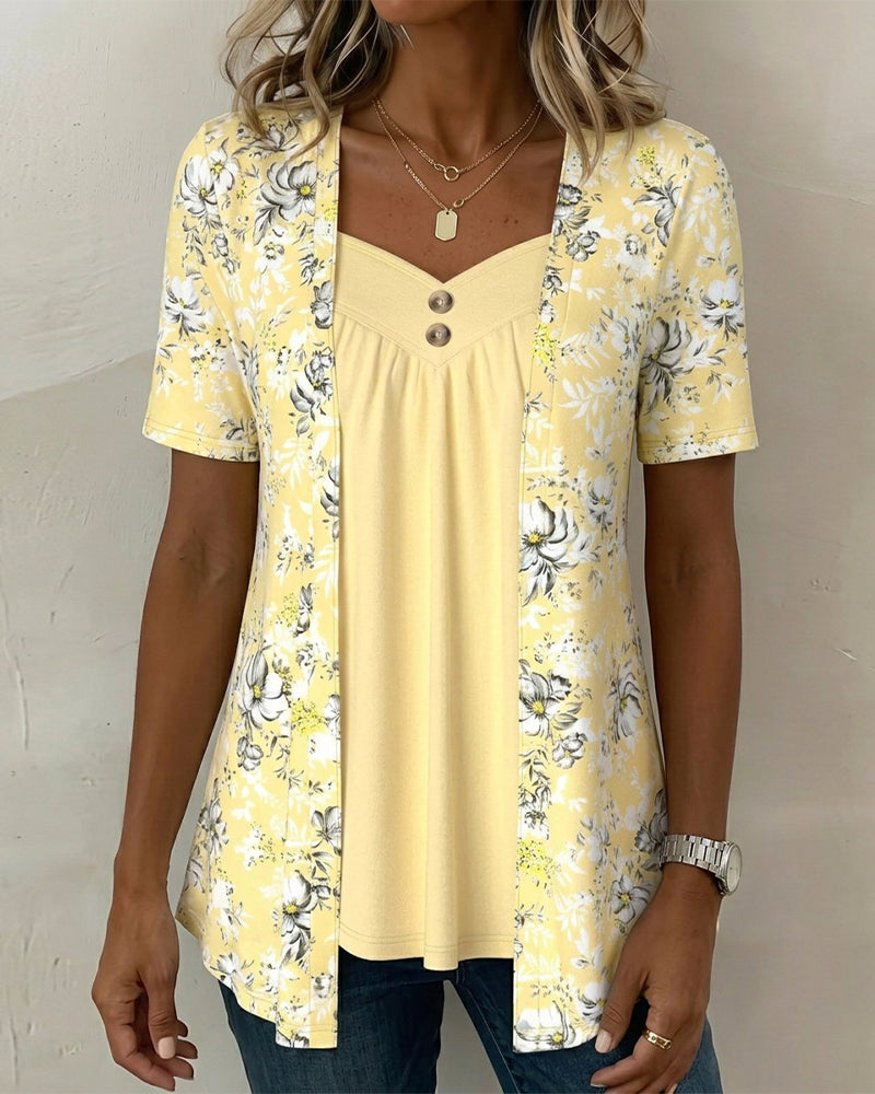 Flower Pattern T-Shirt False Two-Piece