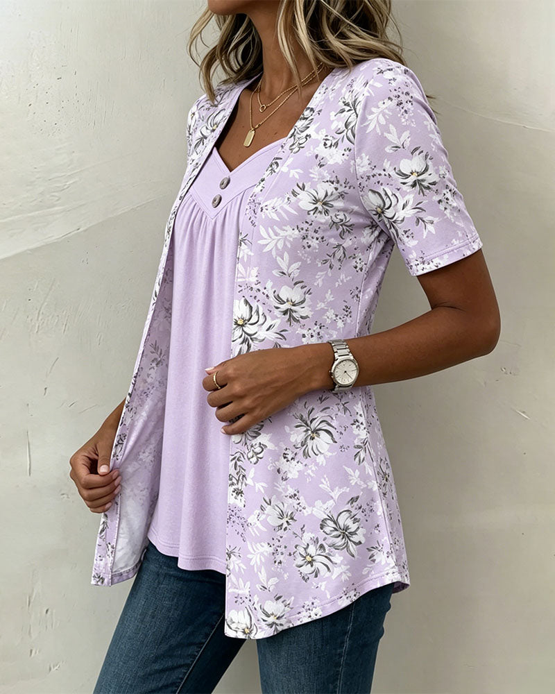 Flower Pattern T-Shirt False Two-Piece