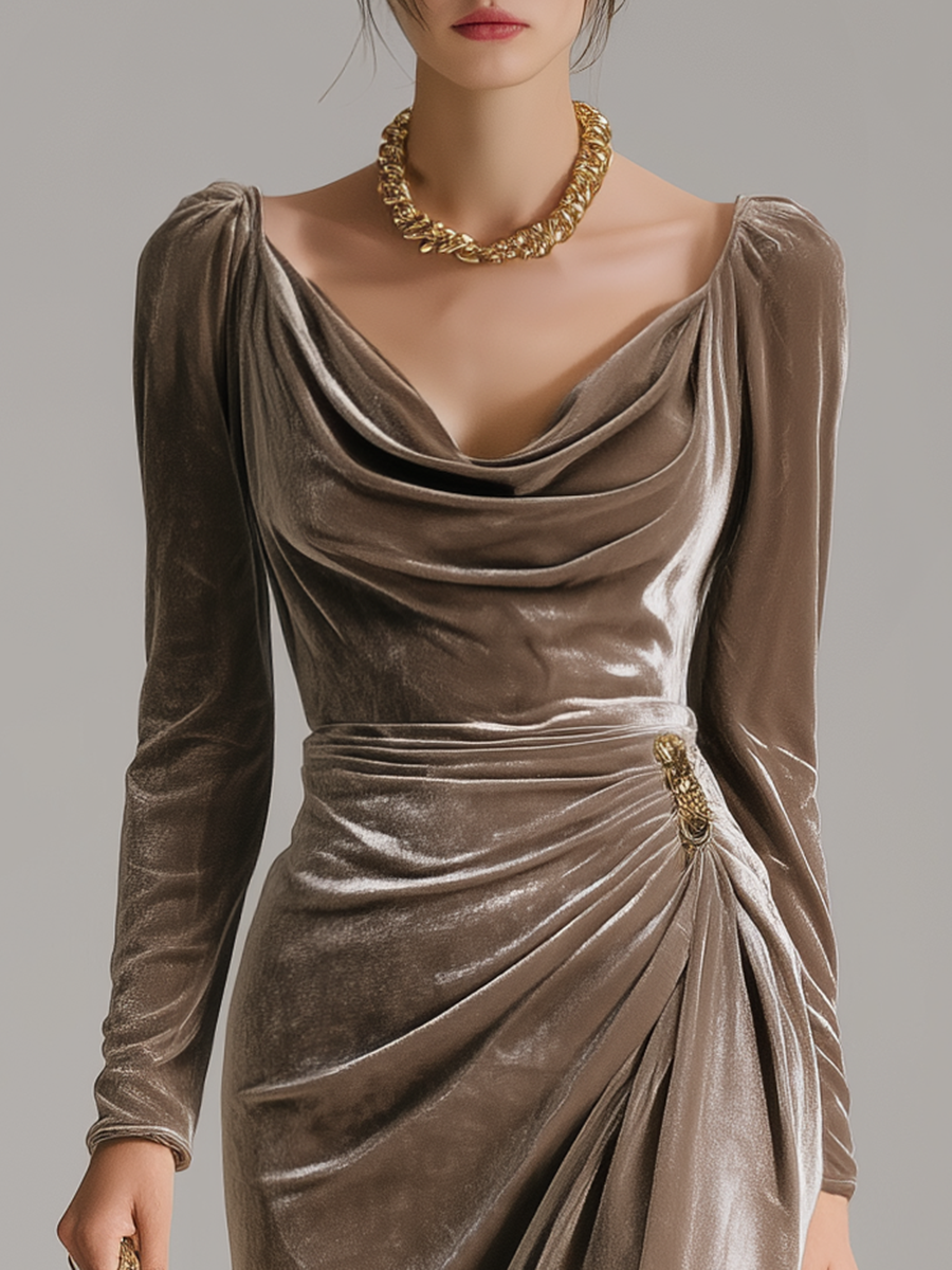 Fayola | Fitted Velvet Dress with a Button at the Waist