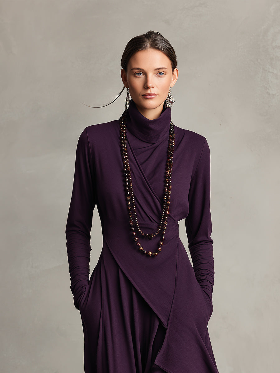 Women's Bohemian Cotton Stretch Turtleneck Asymmetrical Maxi Dress