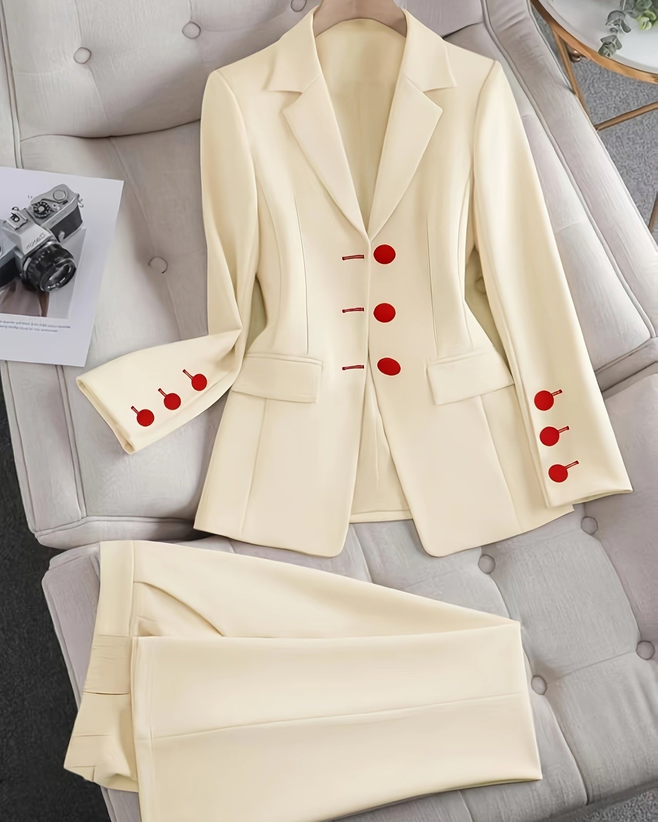 Women's Beige Tailored Blazer - Contrast Button Two Piece Suit