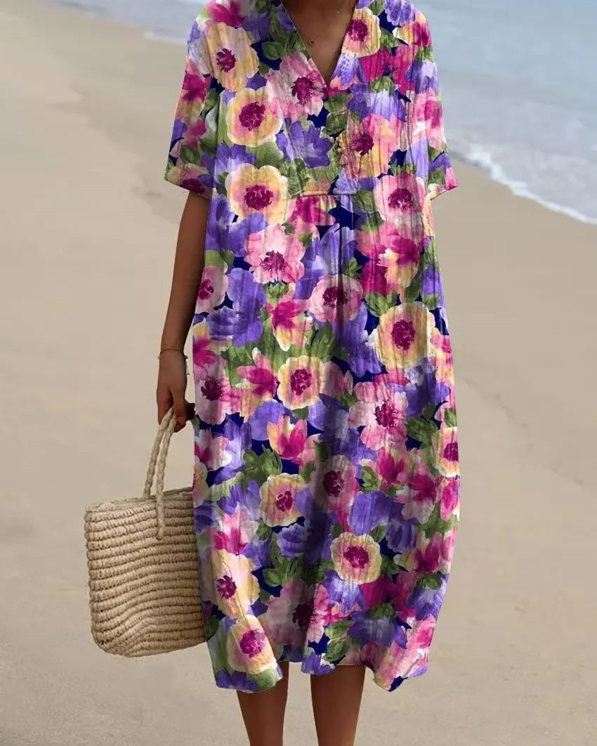 Camryn | Stylish Cotton-Linen Dress with V-Neck and Print