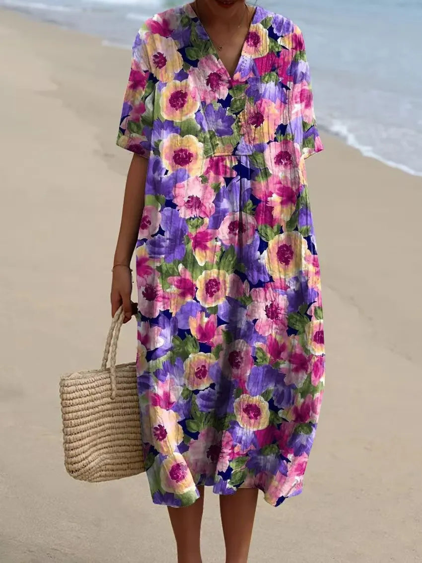 Camryn | Stylish Cotton-Linen Dress with V-Neck and Print