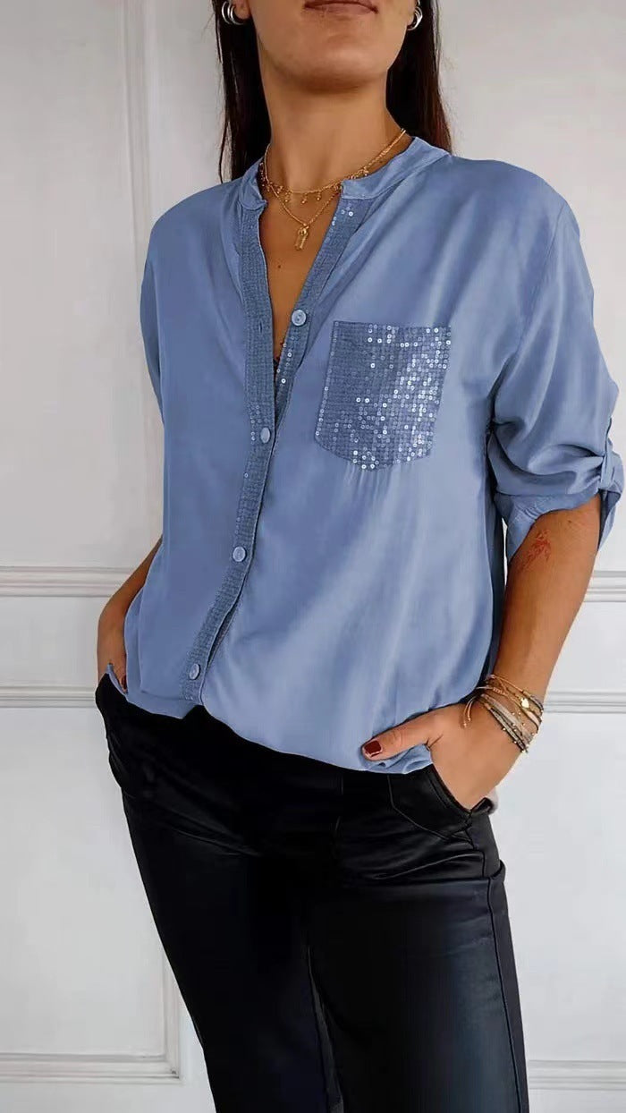 Women’s Casual Button-Up Blouse with Sequin Detail