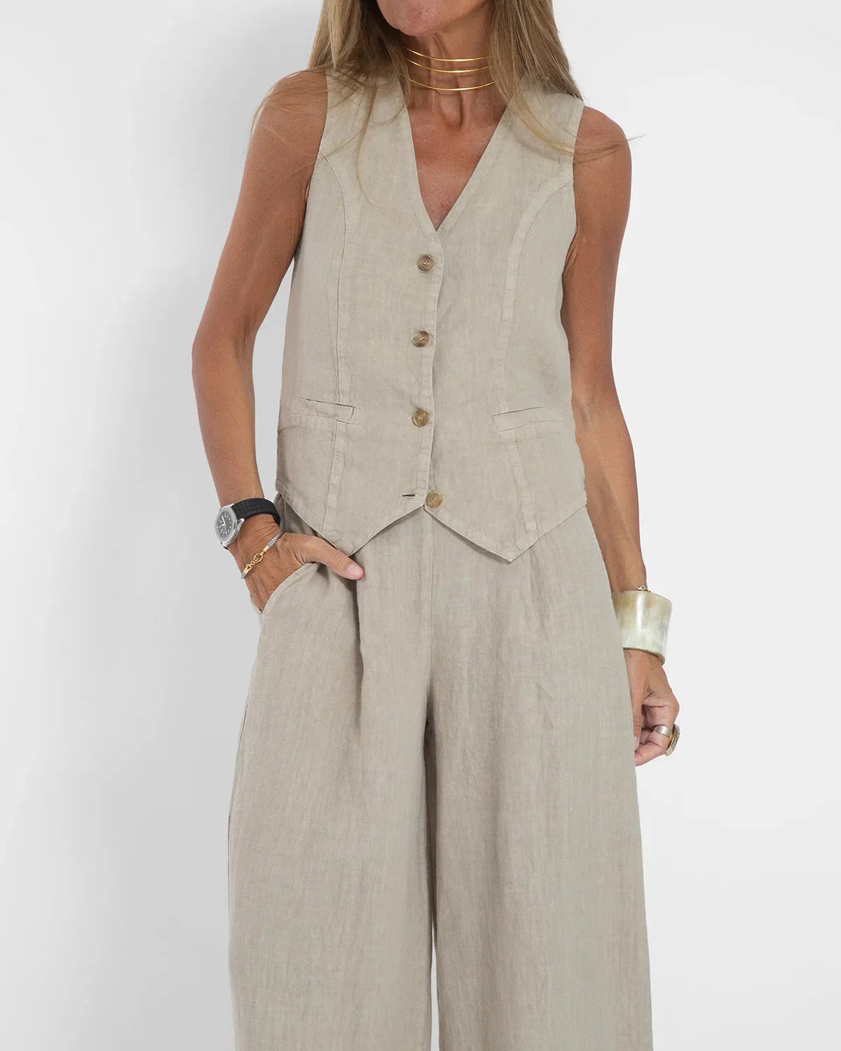 Women’s Sleeveless Button Vest & Wide-Leg Pants Set
