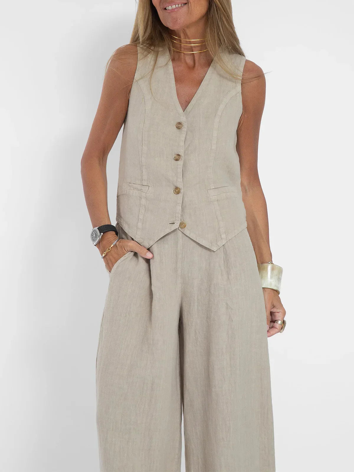 Women’s Sleeveless Button Vest & Wide-Leg Pants Set