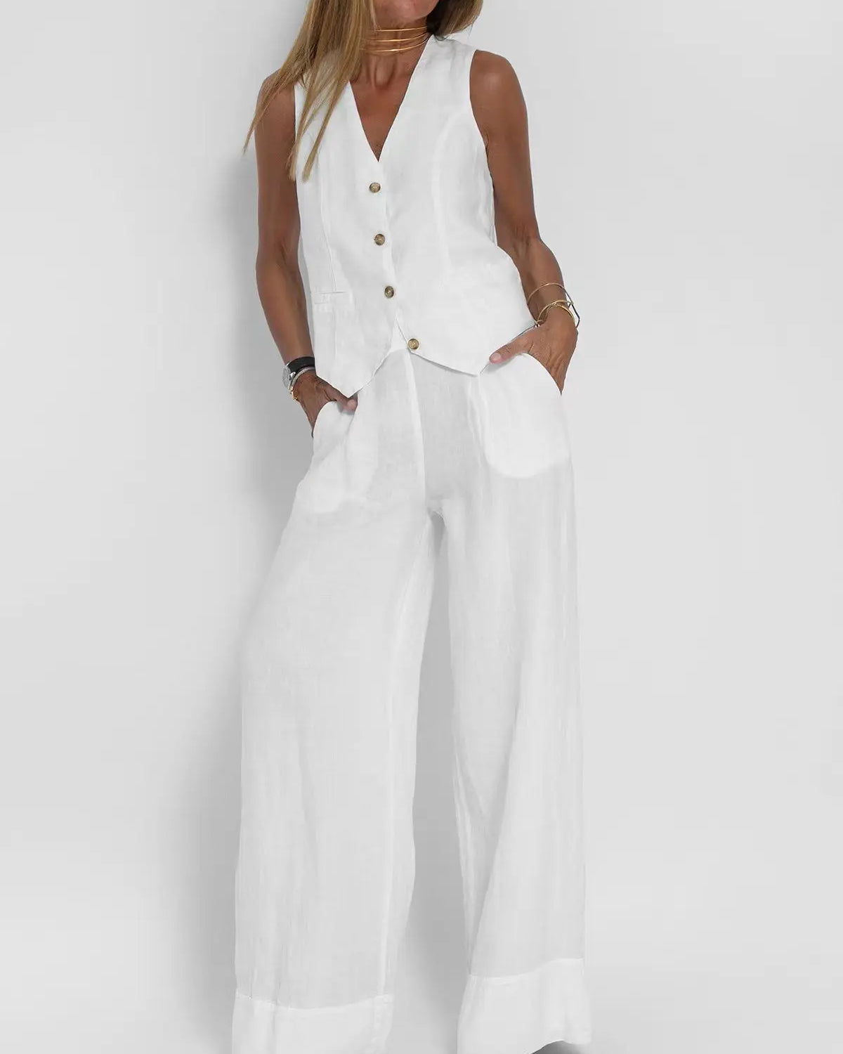 Women’s Sleeveless Button Vest & Wide-Leg Pants Set
