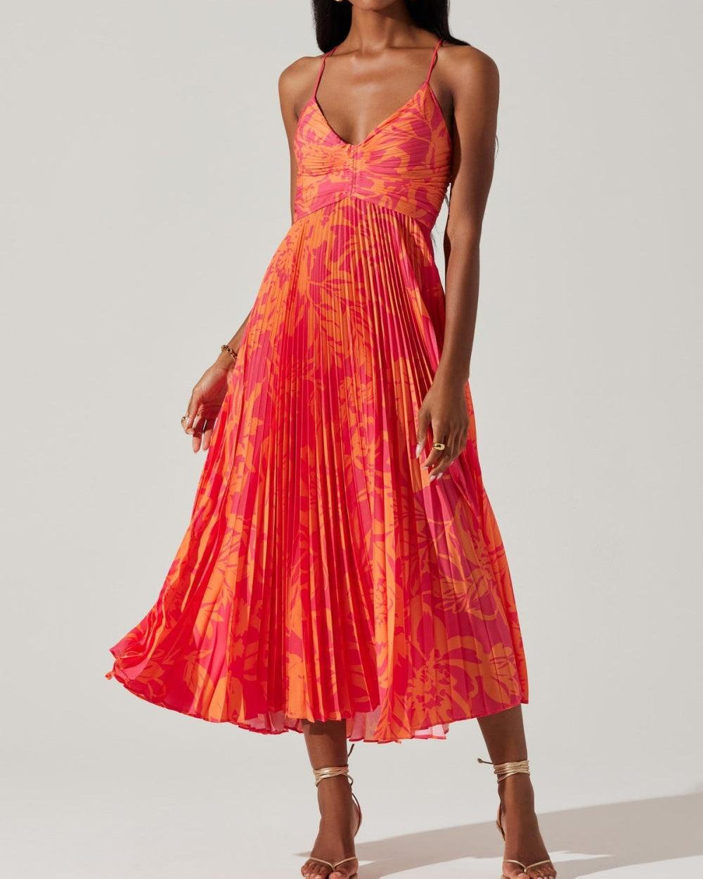 Heather | Coastal Chic Elegant Floral Print Pleats Midi Dress