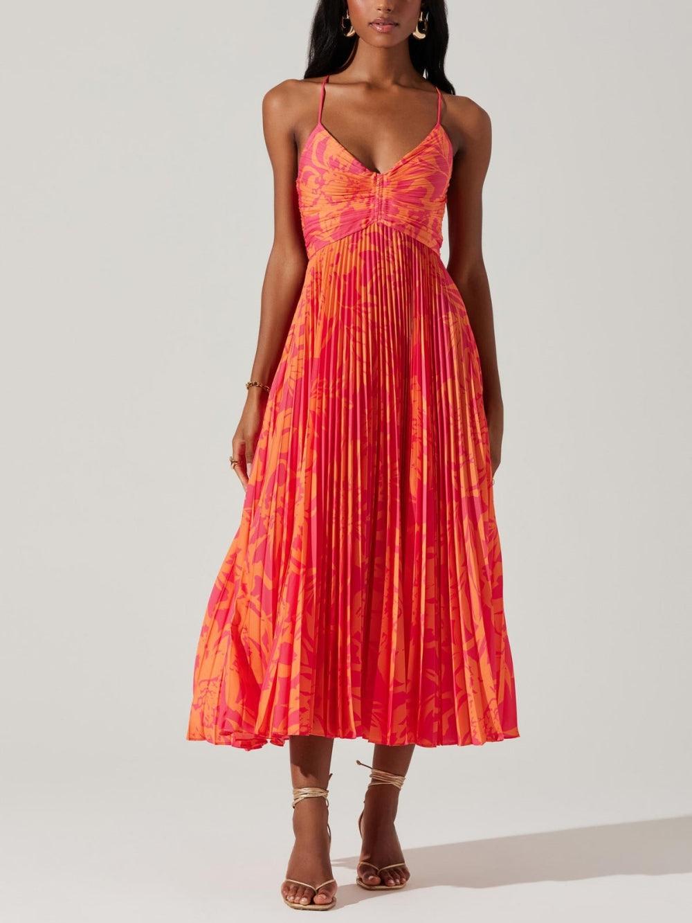 Heather | Coastal Chic Elegant Floral Print Pleats Midi Dress
