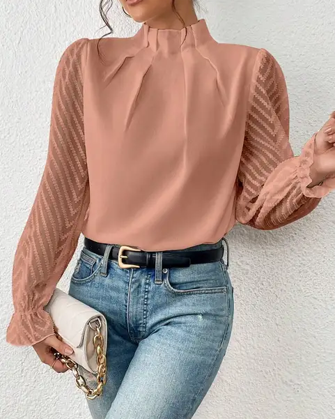 Women's Blouse - Frill Mock Neck Sheer Chevron Sleeve Pleated Top
