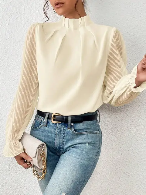 Women's Blouse - Frill Mock Neck Sheer Chevron Sleeve Pleated Top