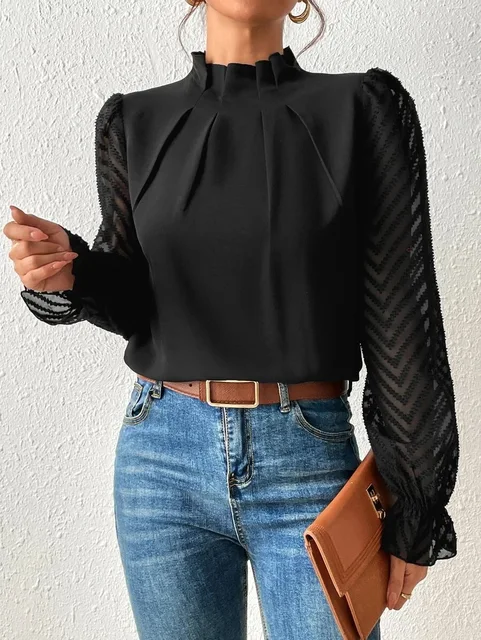 Women's Blouse - Frill Mock Neck Sheer Chevron Sleeve Pleated Top