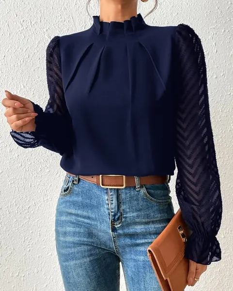 Women's Blouse - Frill Mock Neck Sheer Chevron Sleeve Pleated Top