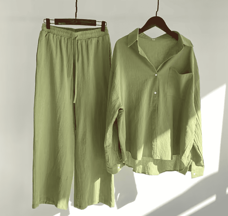 Women’s Relaxed Two-Piece Set with Button-Up Shirt and Wide Leg Pants