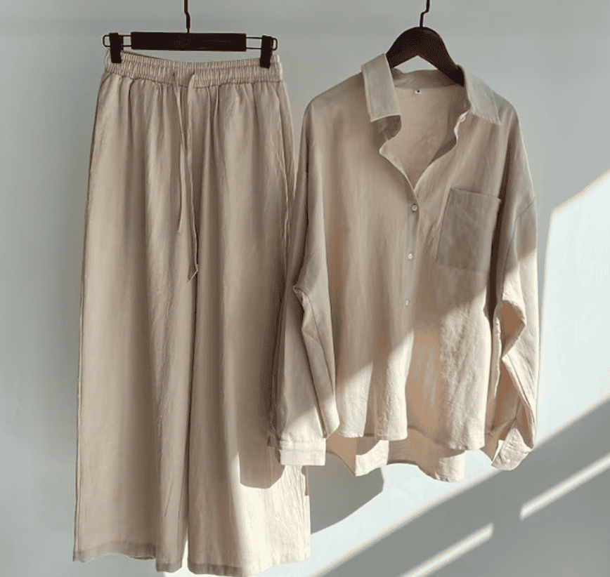 Women’s Relaxed Two-Piece Set with Button-Up Shirt and Wide Leg Pants