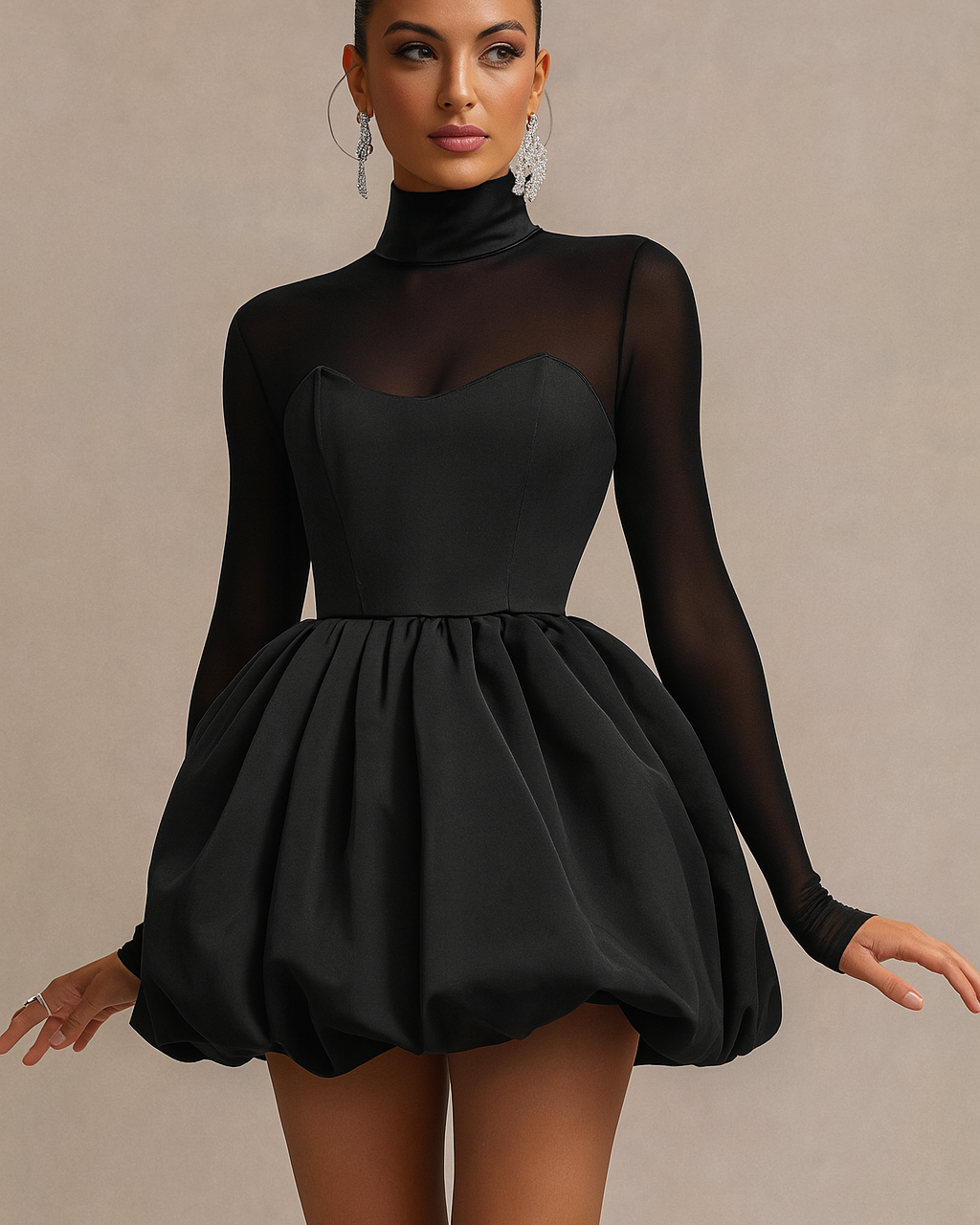 Women’s High Neck Long Sleeve Mini Dress with Sculpted Puff Skirt