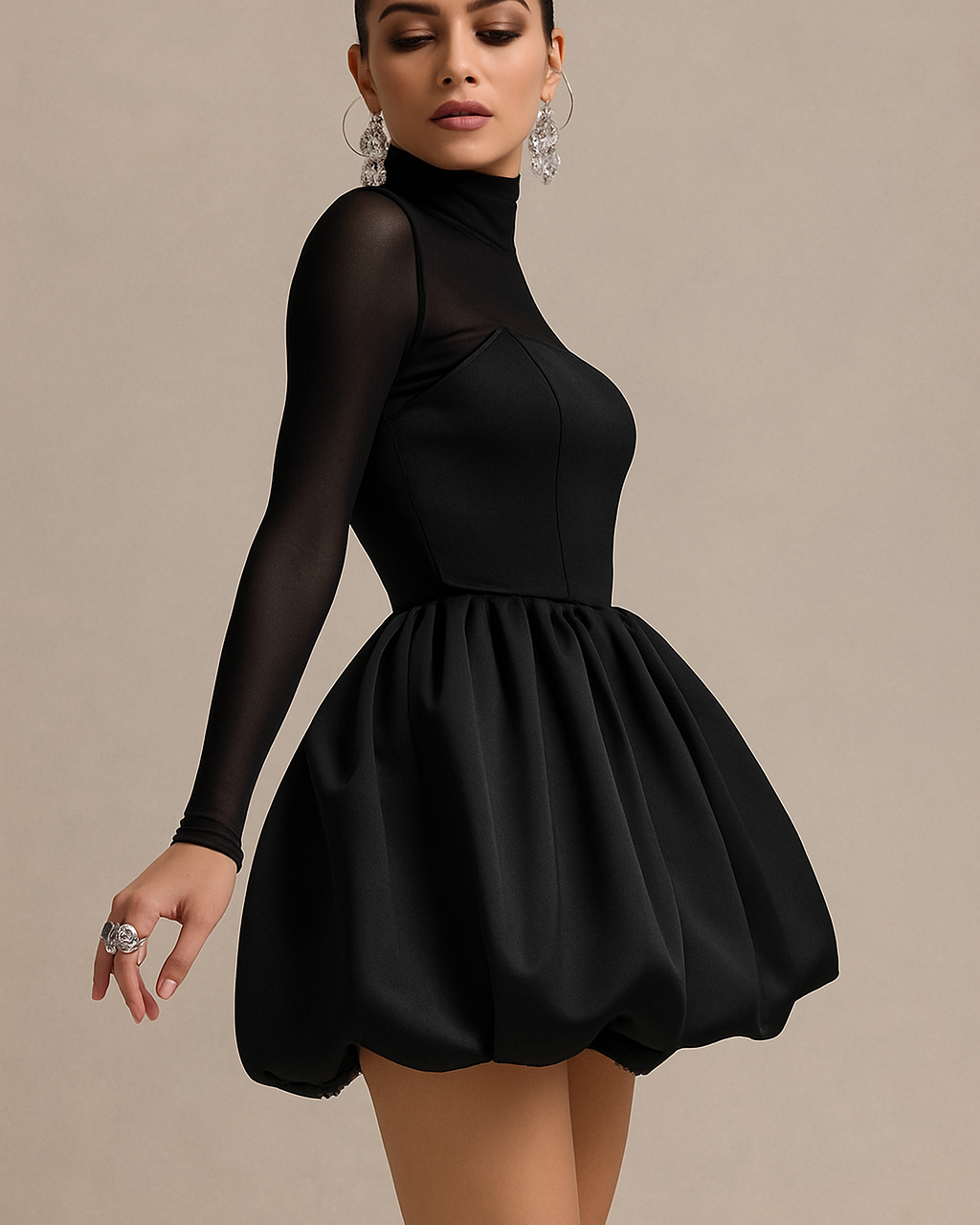 Women’s High Neck Long Sleeve Mini Dress with Sculpted Puff Skirt