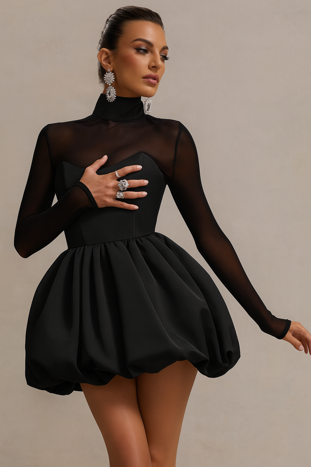 Women’s High Neck Long Sleeve Mini Dress with Sculpted Puff Skirt