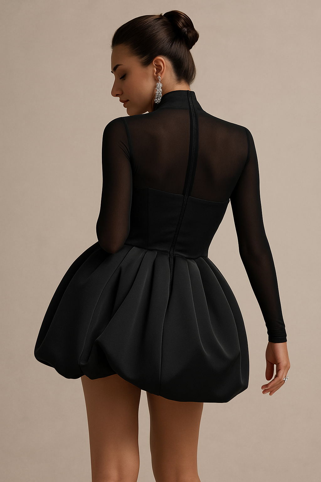 Women’s High Neck Long Sleeve Mini Dress with Sculpted Puff Skirt