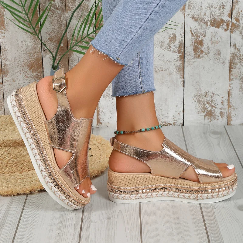 Women's Platform Sandals with Open Toes and Buckle Strap