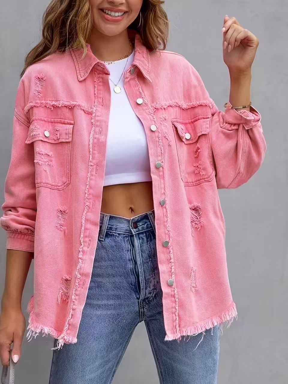 Women's Oversized Denim Jacket – Trendy Transitional Jacket with Distressed Look