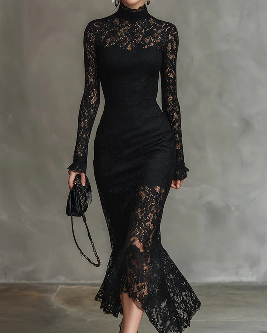 Elwira | Elegant Black Maxi Dress with Lace