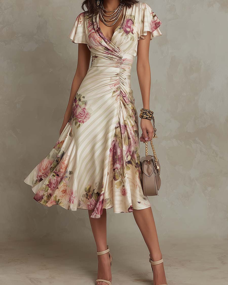 Alba | Elegant Floral Ruched Wrap Midi Dress