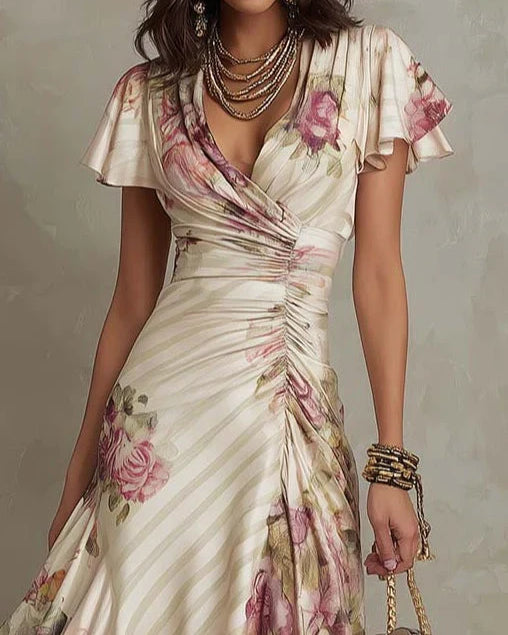 Alba | Elegant Floral Ruched Wrap Midi Dress