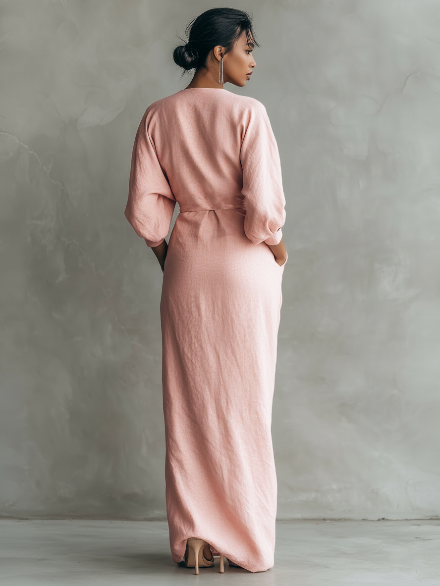 Emma™ | Pink Linen Blend V-Neck Maxi Dress