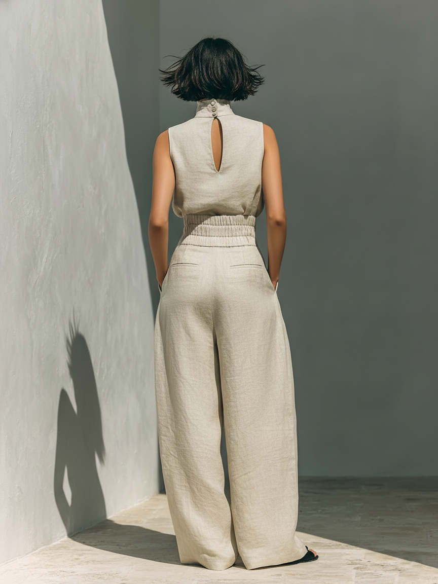 Maria - Complete set with tank top and wide-leg pants in minimalist cotton and linen for women