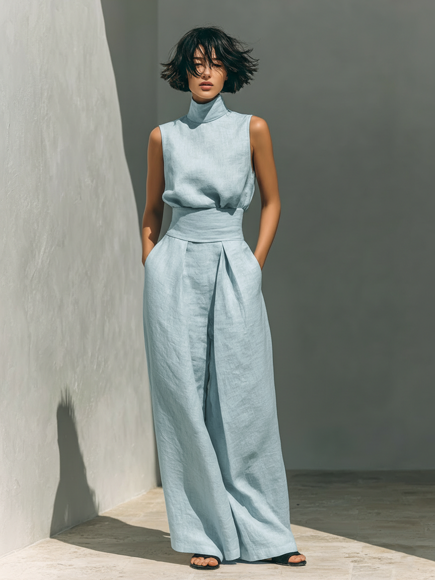 Maria - Complete set with tank top and wide-leg pants in minimalist cotton and linen for women