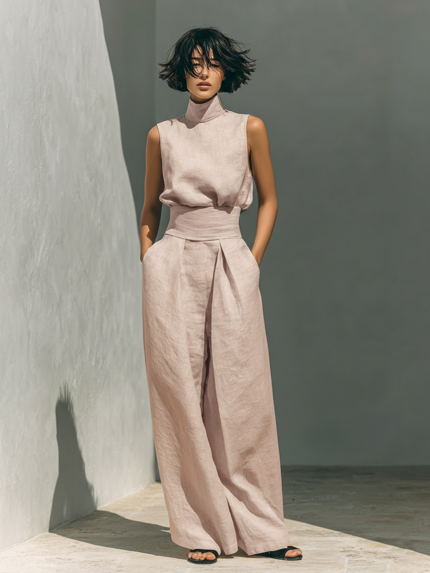 Maria - Complete set with tank top and wide-leg pants in minimalist cotton and linen for women