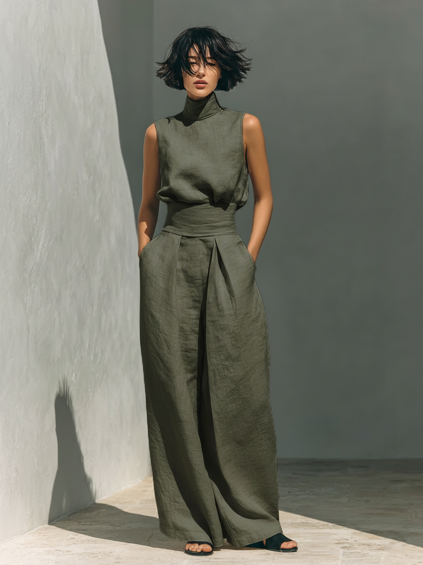 Maria - Complete set with tank top and wide-leg pants in minimalist cotton and linen for women