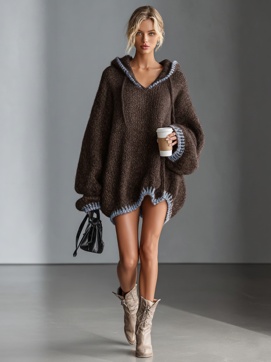 Women's Loose Mini Dress with Hood and Pink Accents