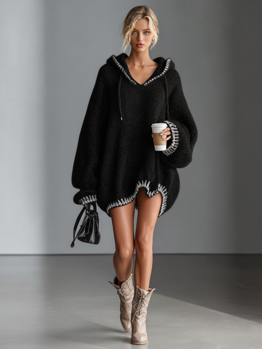 Women's Loose Mini Dress with Hood and Pink Accents