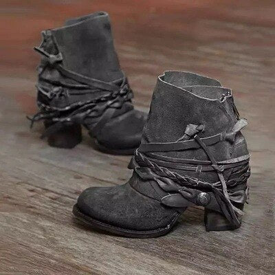 Women’s Vintage Style Ankle Boots with Decorative Straps